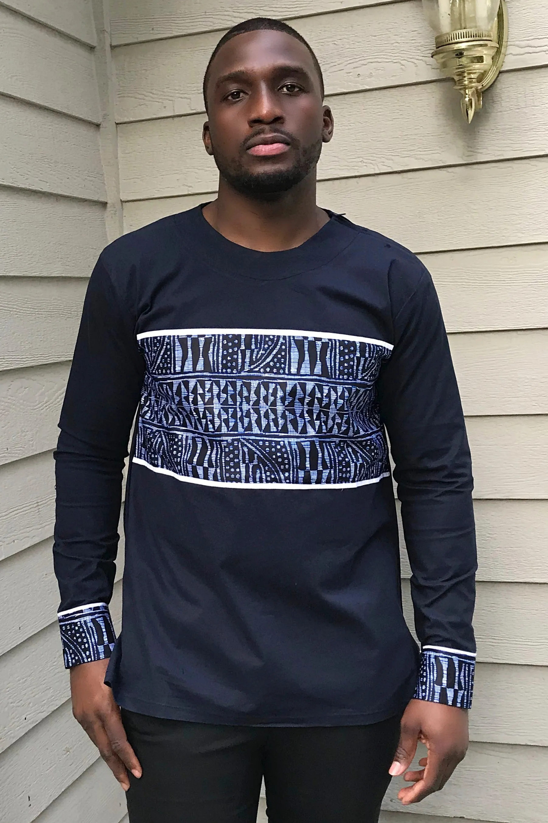 Navy Ndop Long Sleeves African Print Shirt for Men