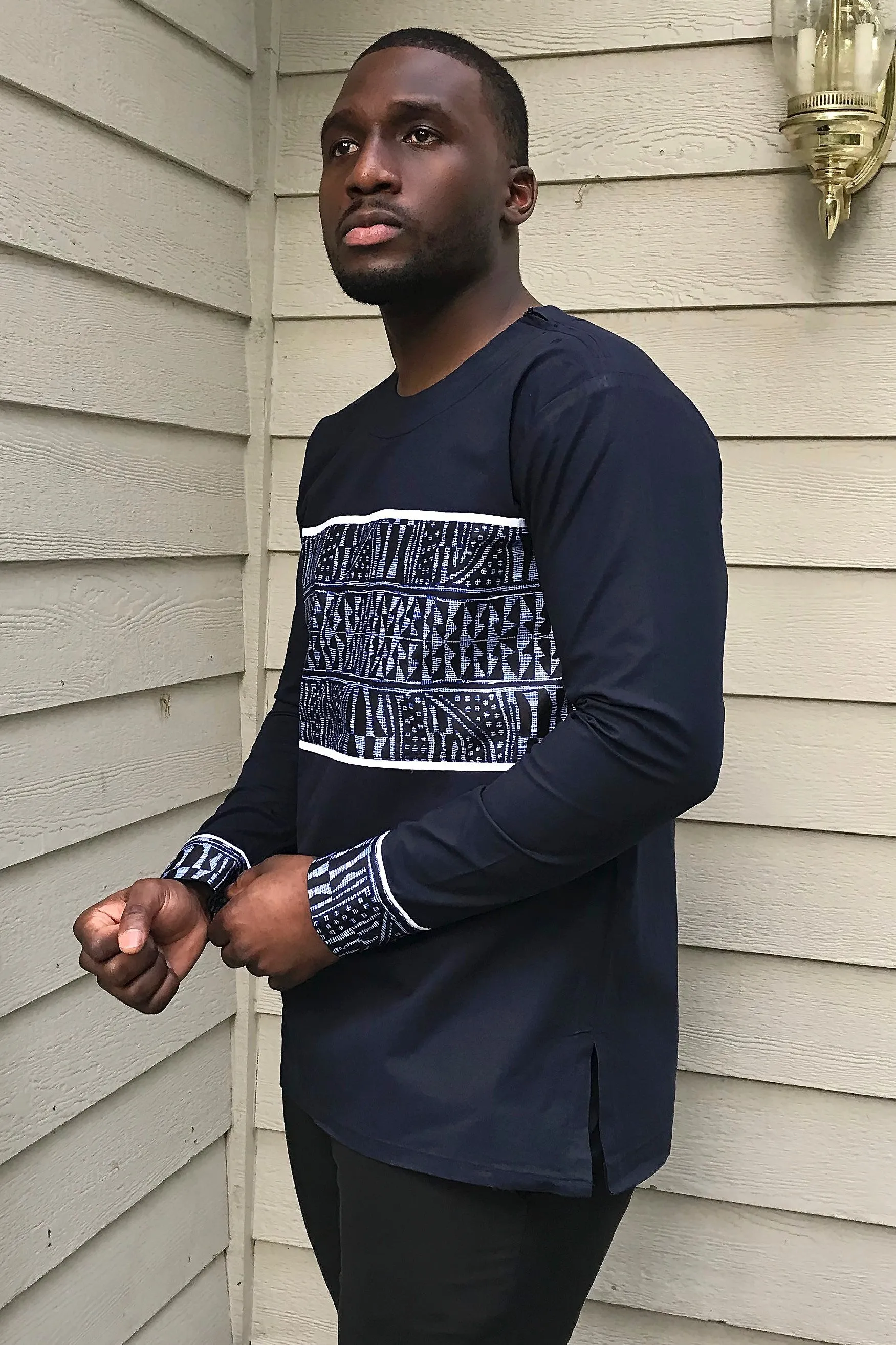 Navy Ndop Long Sleeves African Print Shirt for Men