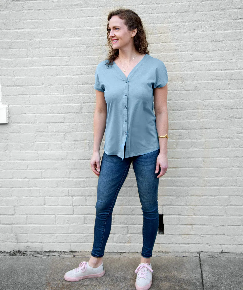 SALMA tie-front button top in Smoke Blue