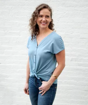SALMA tie-front button top in Smoke Blue