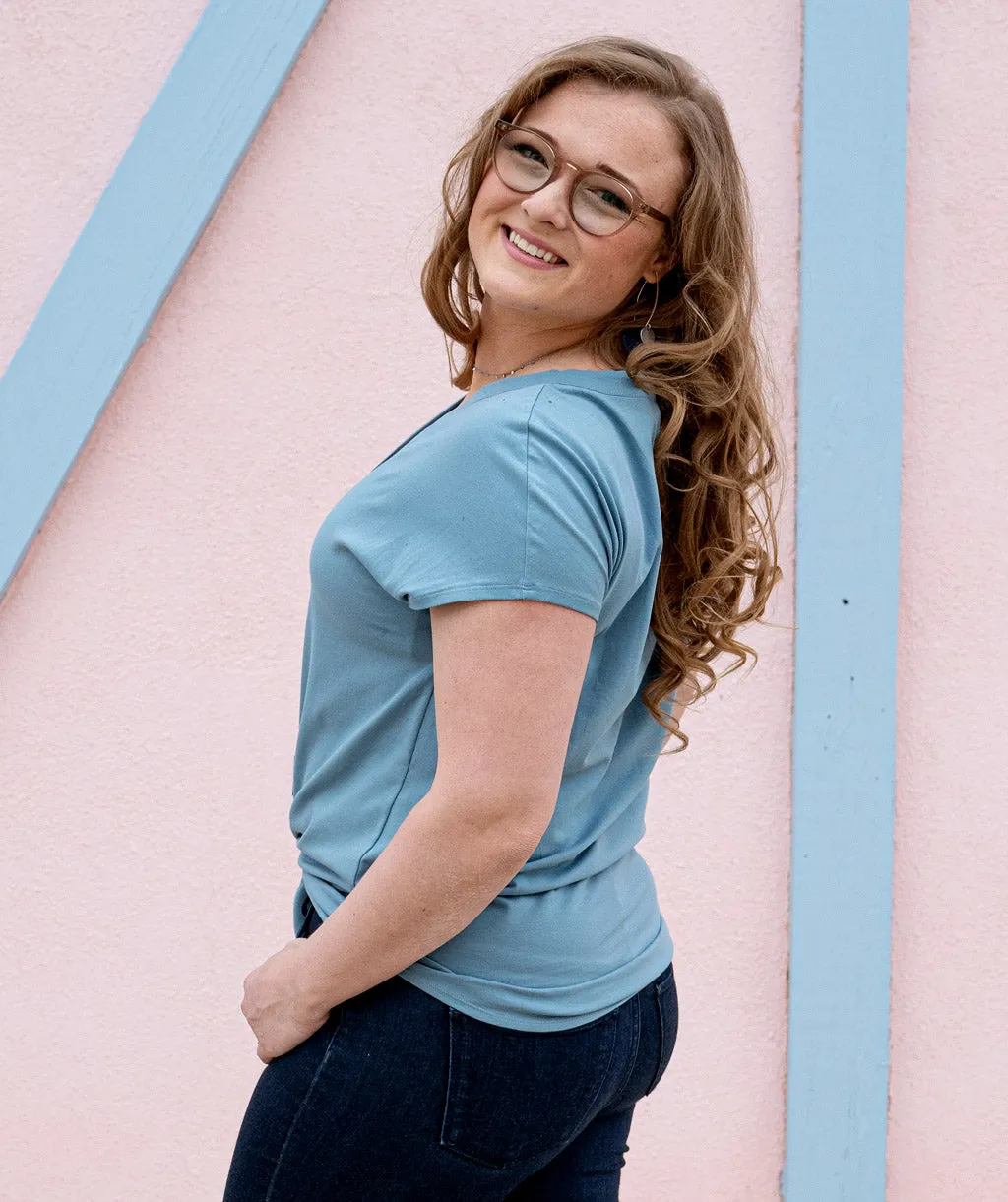 SALMA tie-front button top in Smoke Blue