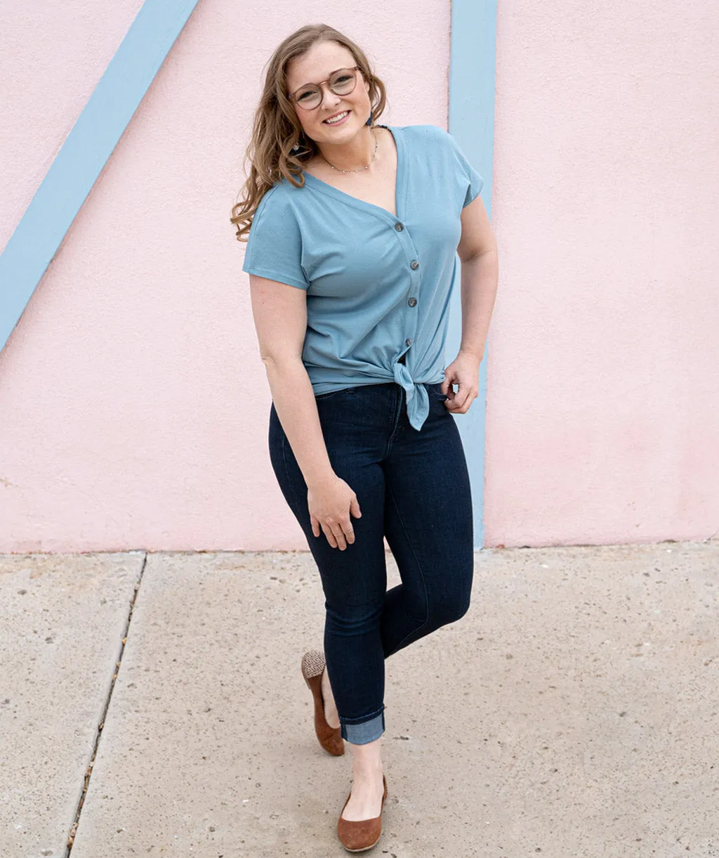 SALMA tie-front button top in Smoke Blue