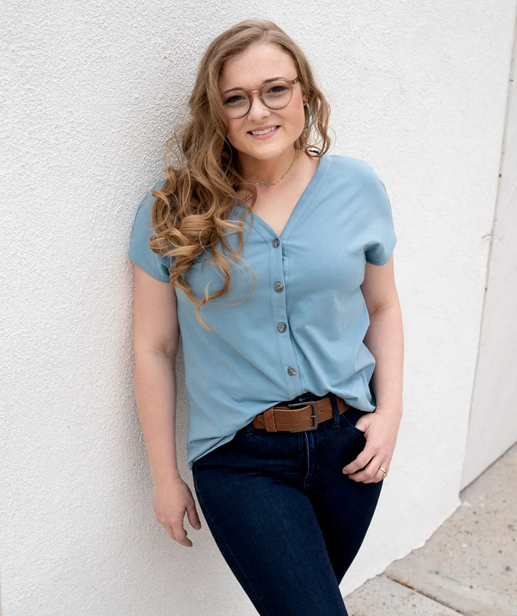 SALMA tie-front button top in Smoke Blue