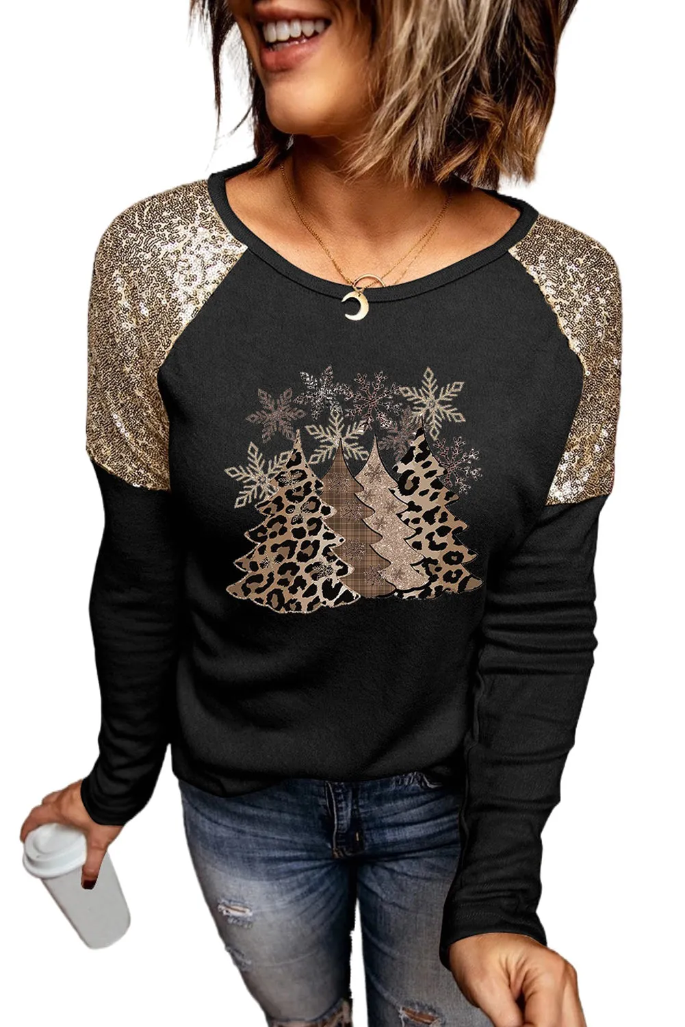 Sequin Shoulder Long Sleeve Top