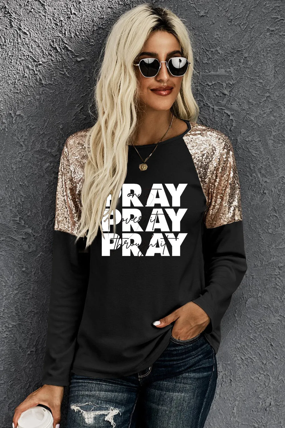 Sequin Shoulder Long Sleeve Top