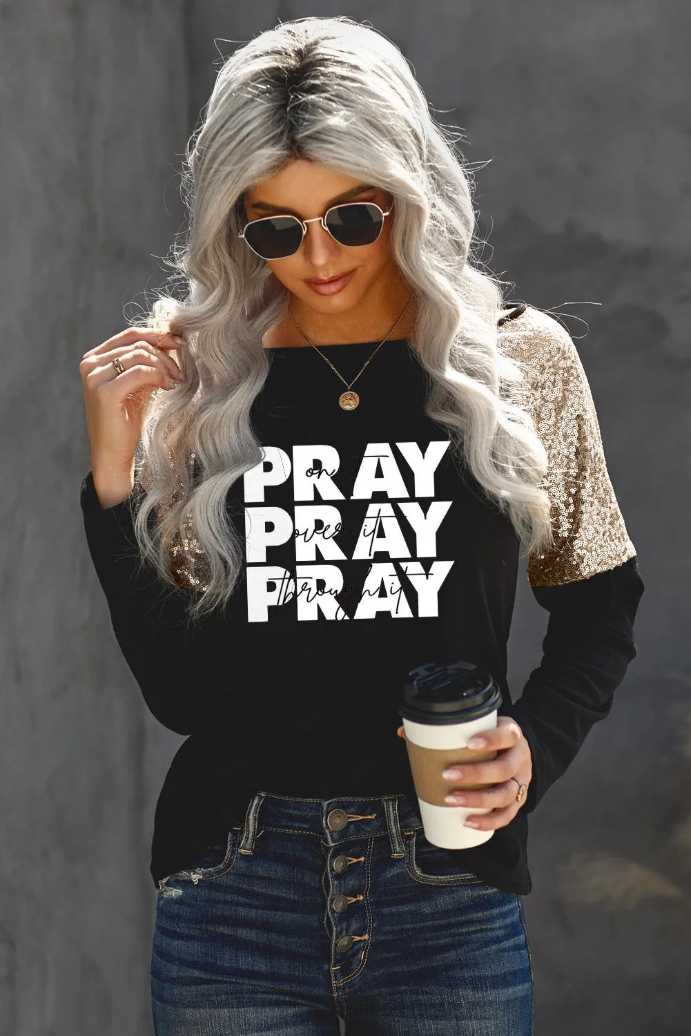 Sequin Shoulder Long Sleeve Top