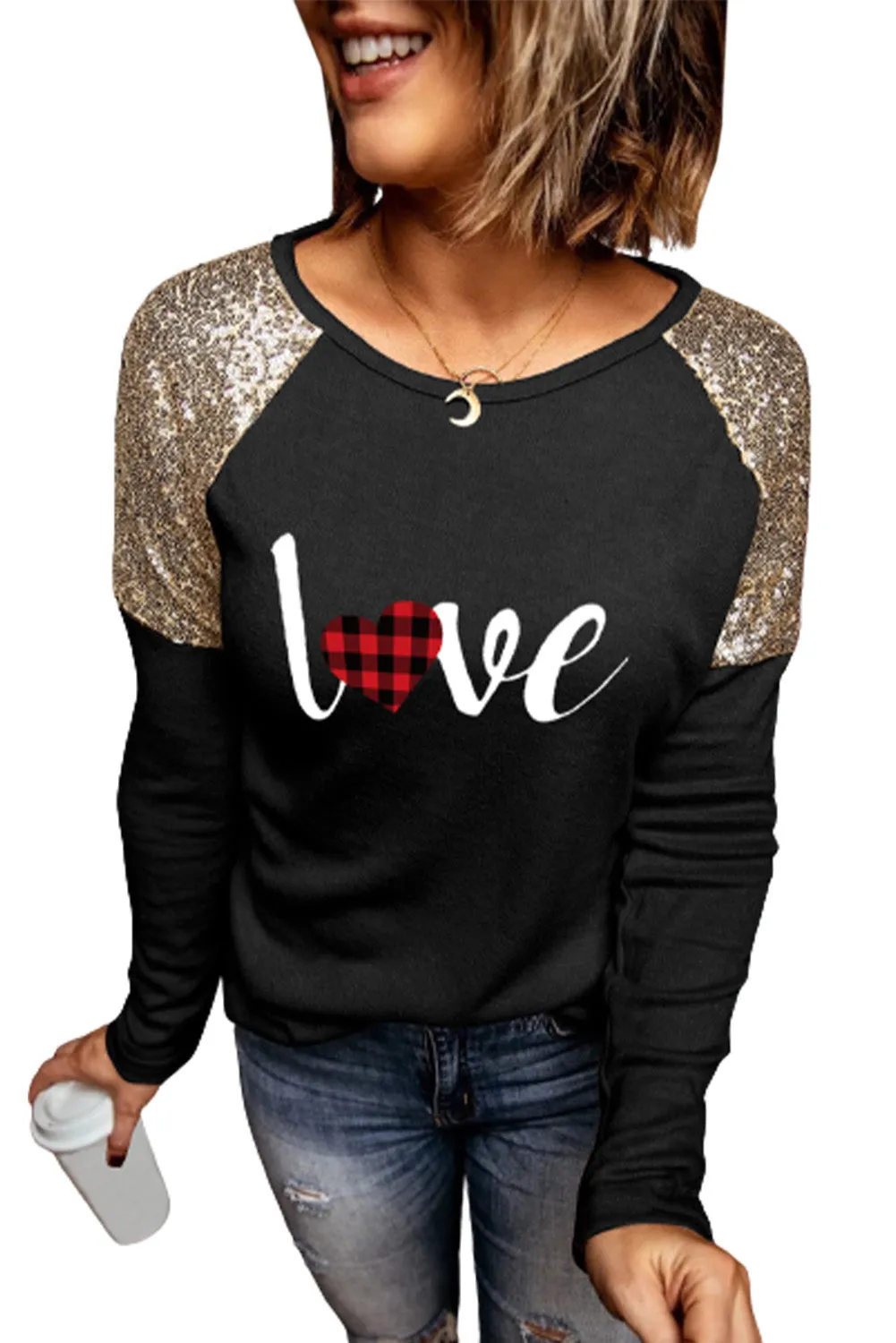 Sequin Shoulder Long Sleeve Top
