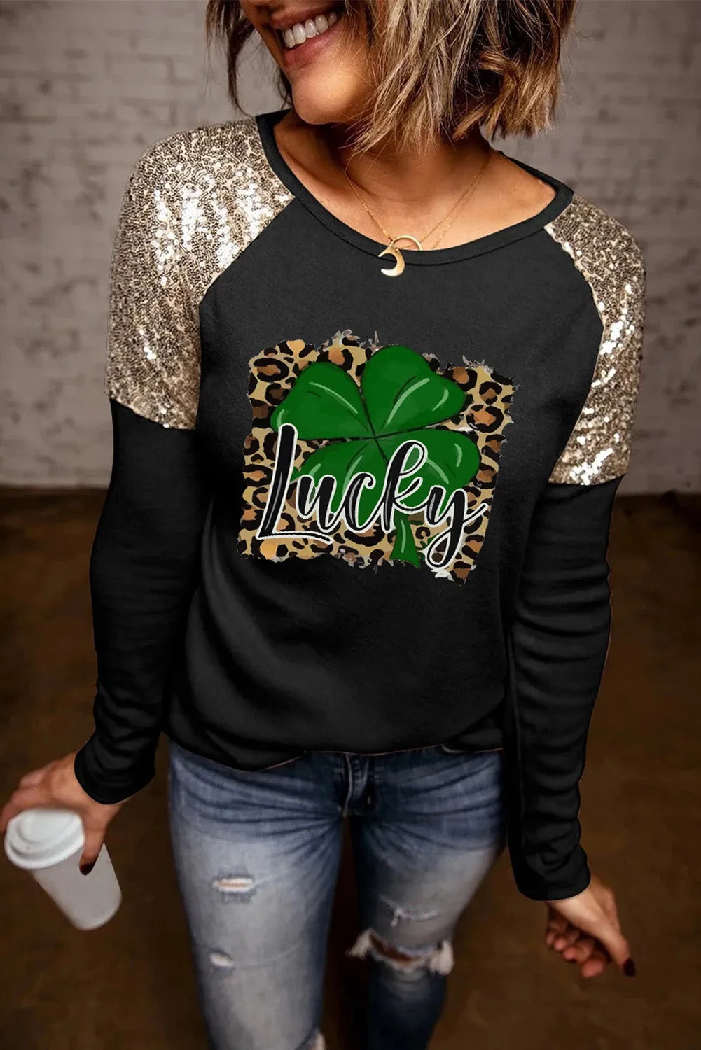 Sequin Shoulder Long Sleeve Top