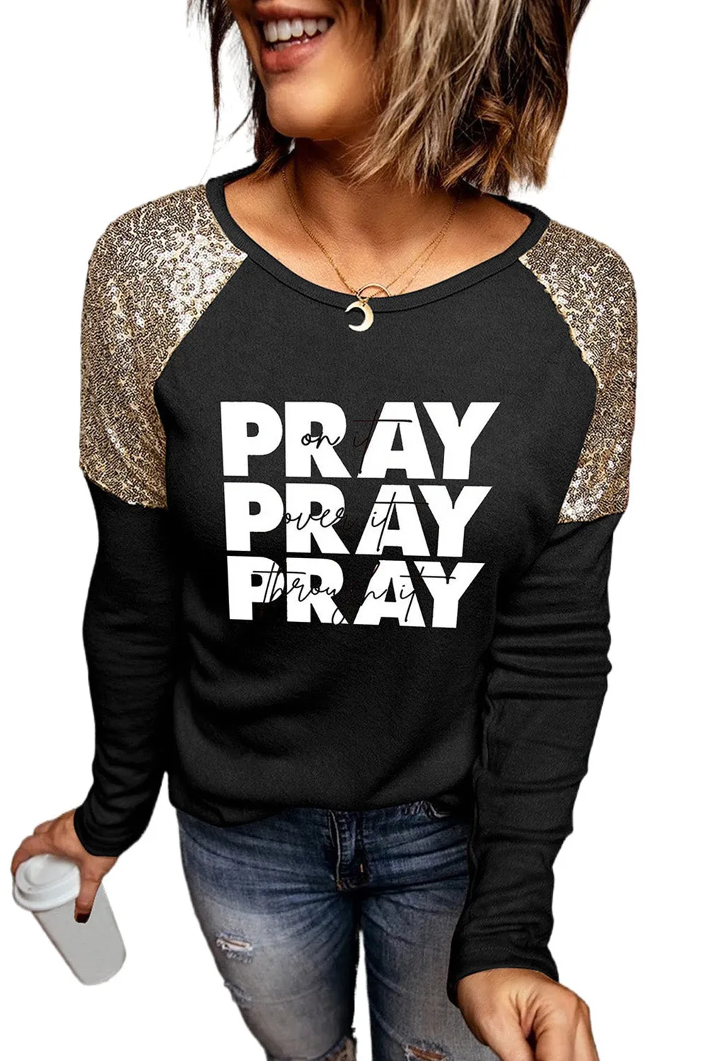 Sequin Shoulder Long Sleeve Top