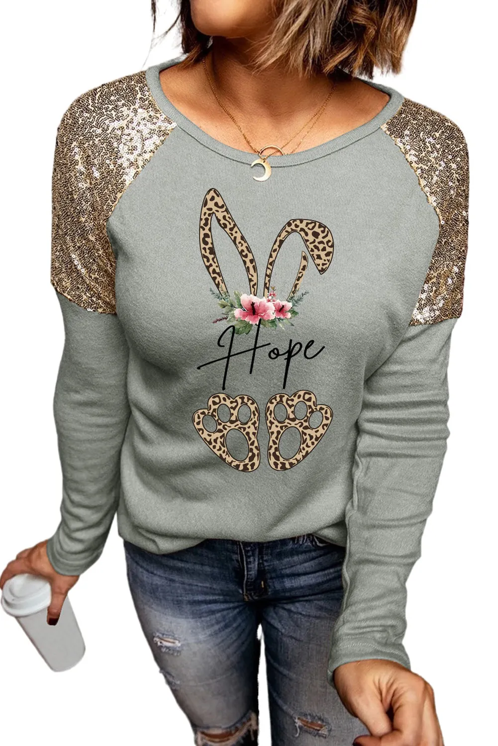 Sequin Shoulder Long Sleeve Top