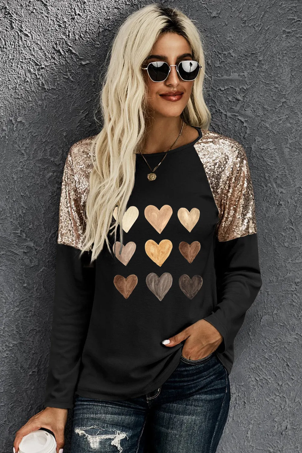 Sequin Shoulder Long Sleeve Top