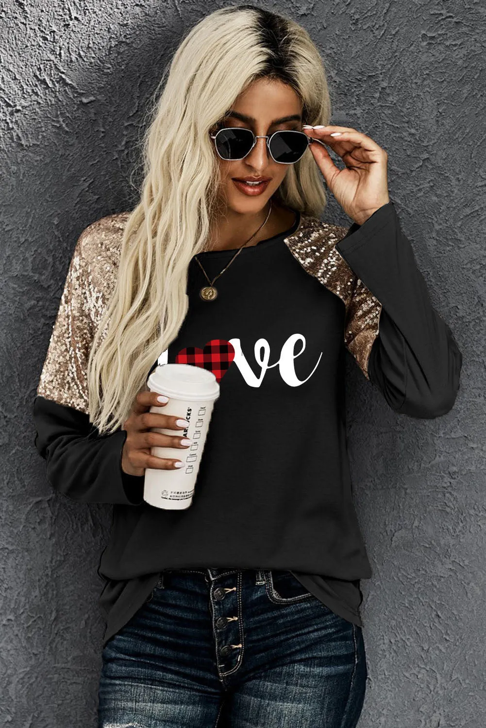 Sequin Shoulder Long Sleeve Top