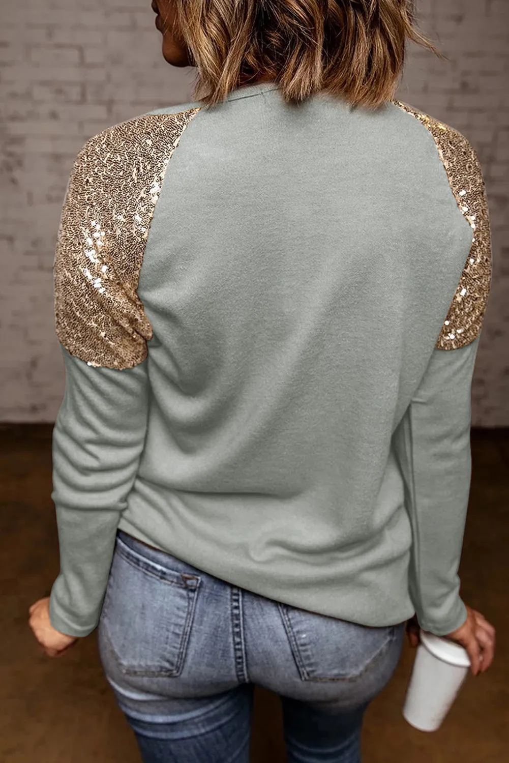Sequin Shoulder Long Sleeve Top
