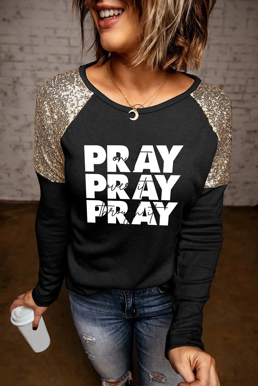 Sequin Shoulder Long Sleeve Top