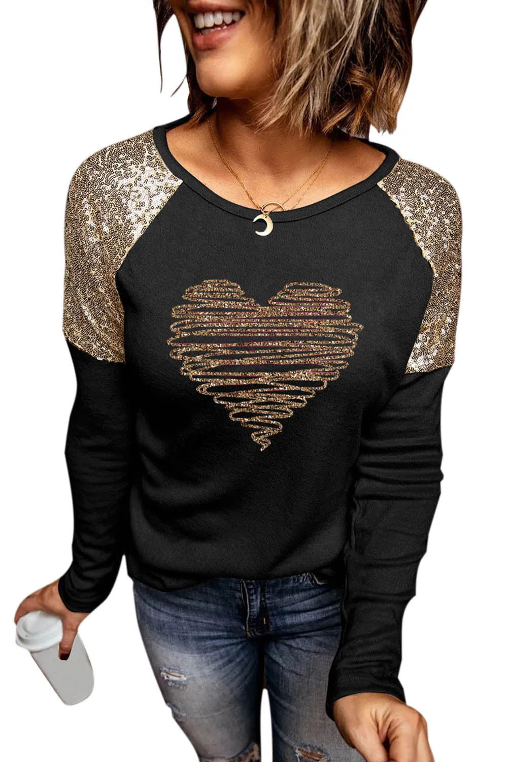 Sequin Shoulder Long Sleeve Top