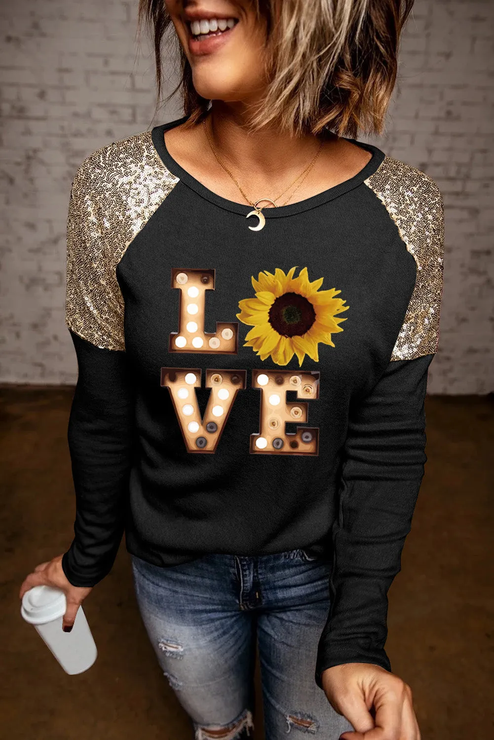 Sequin Shoulder Long Sleeve Top