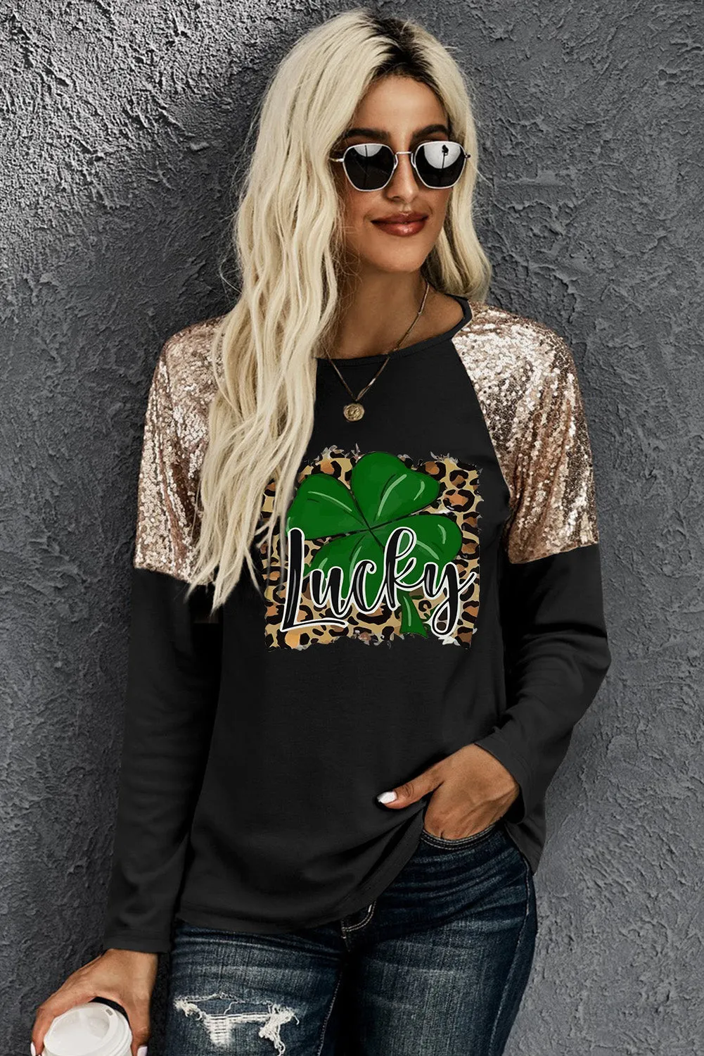 Sequin Shoulder Long Sleeve Top