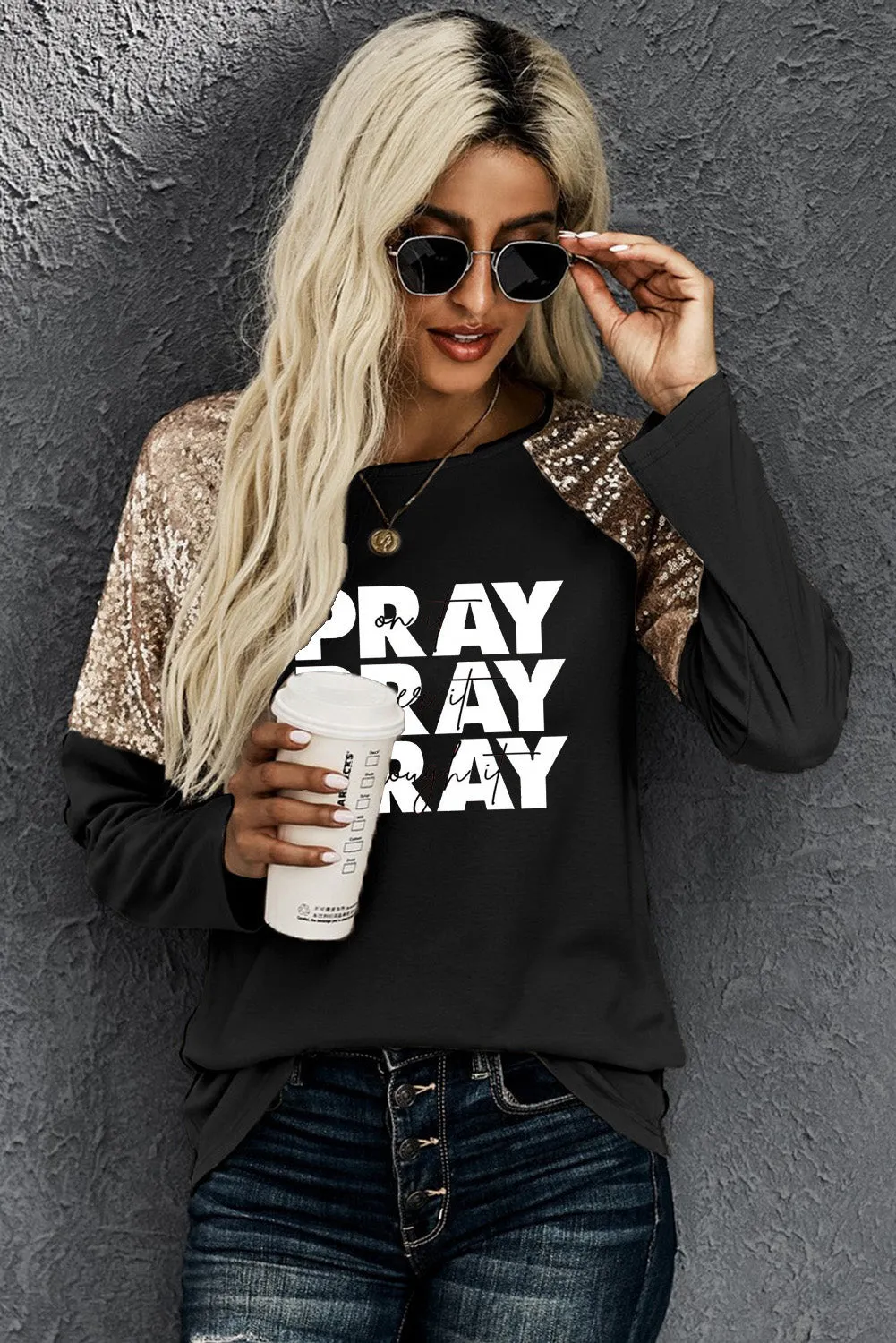 Sequin Shoulder Long Sleeve Top