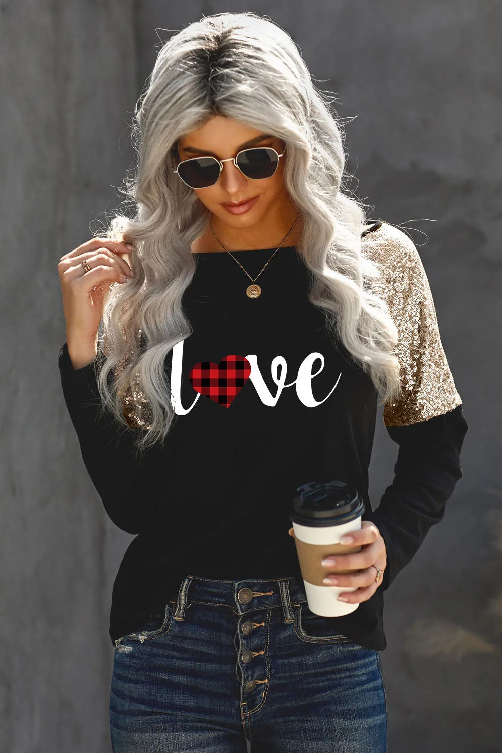 Sequin Shoulder Long Sleeve Top