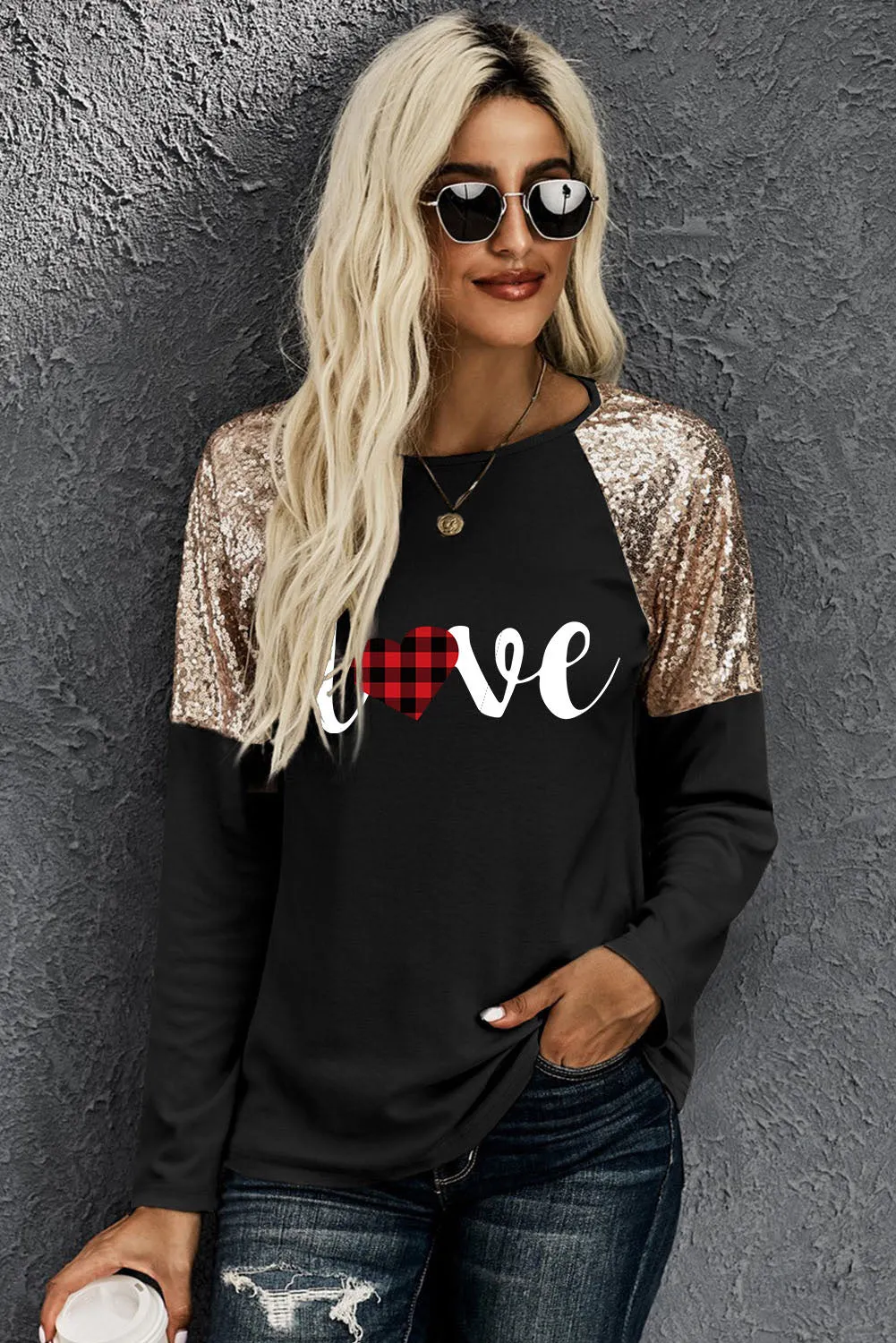 Sequin Shoulder Long Sleeve Top