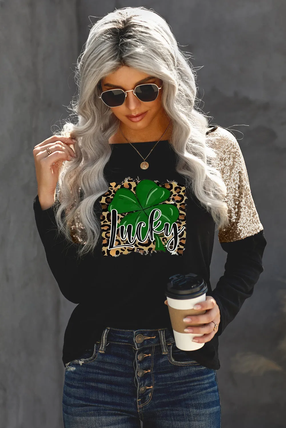 Sequin Shoulder Long Sleeve Top