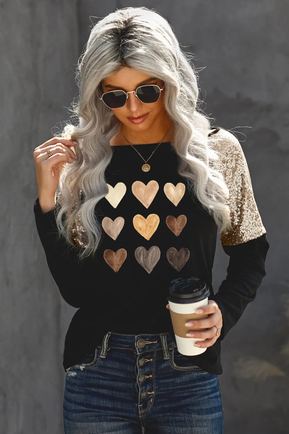 Sequin Shoulder Long Sleeve Top