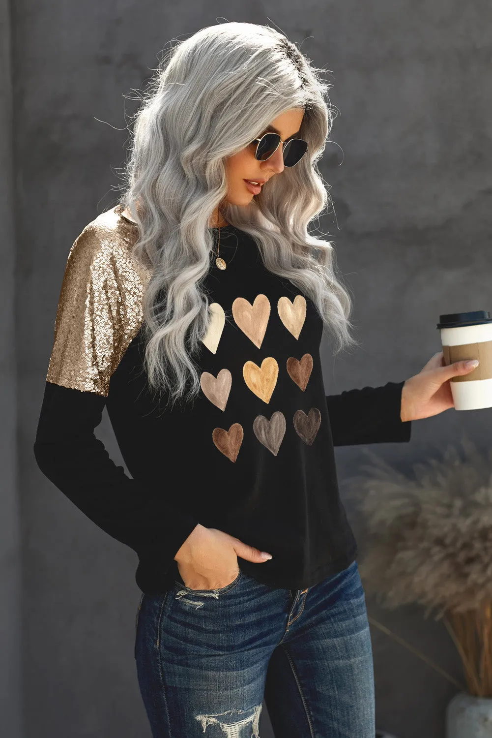 Sequin Shoulder Long Sleeve Top