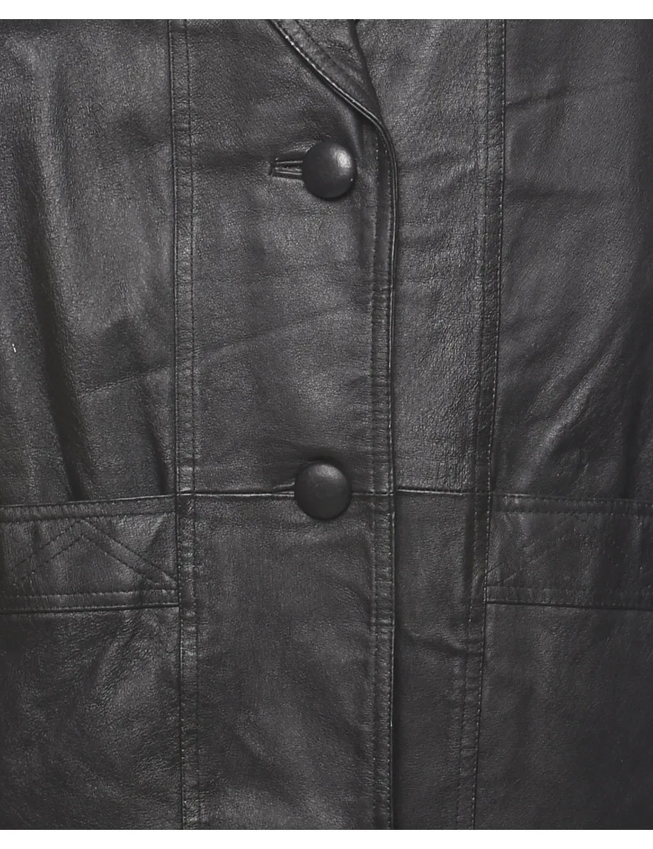 Single Breasted Classic Black Leather Jacket - S