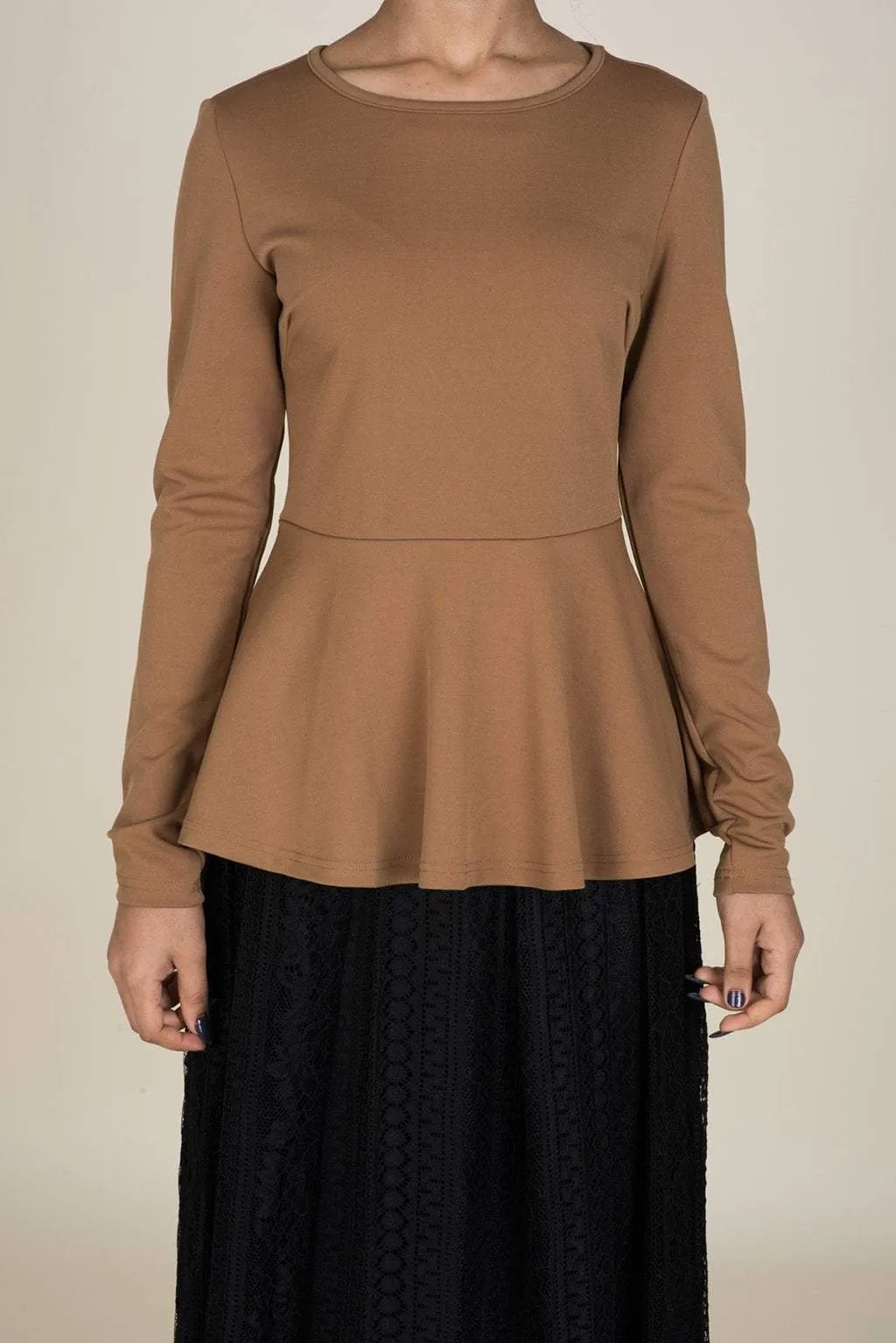 Tan Long Sleeve Peplum Top