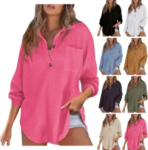 Waffle Knit Tops for Women Casual V Neck Long Sleeve Henley Shirt Solid Color Loose Fit Oversized Tshirts with Pocket