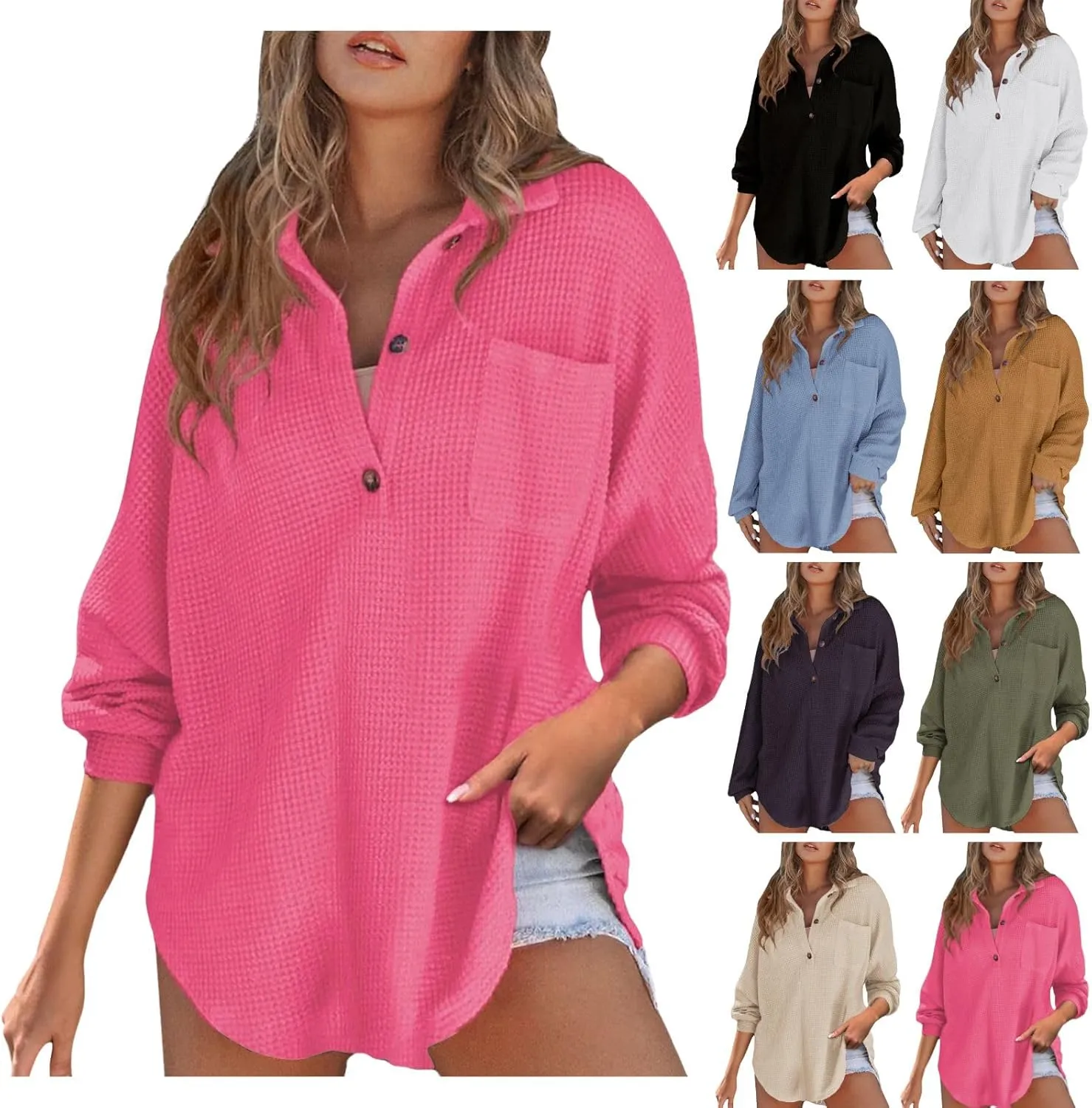 Waffle Knit Tops for Women Casual V Neck Long Sleeve Henley Shirt Solid Color Loose Fit Oversized Tshirts with Pocket