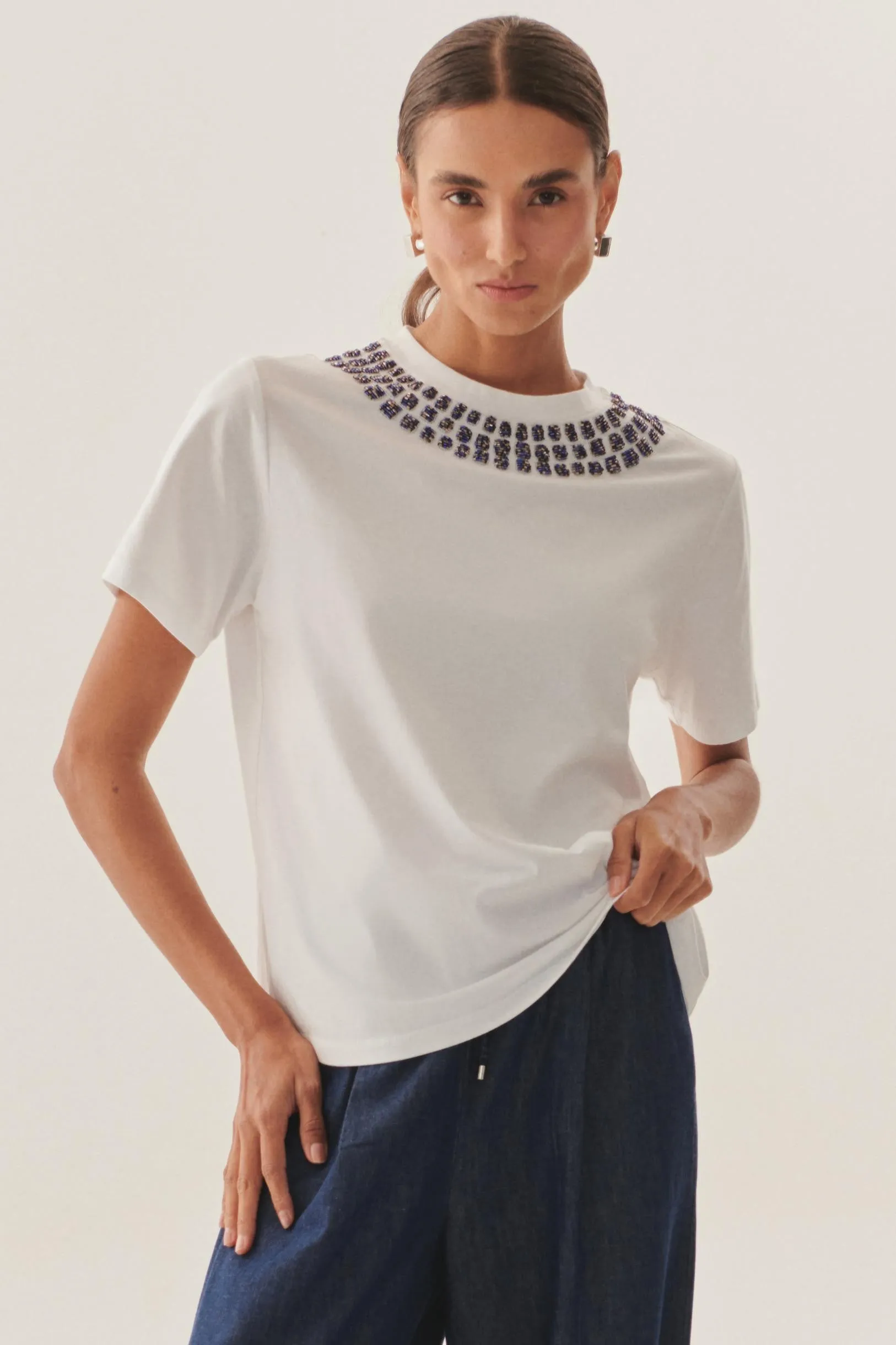 White Crystal-Embellished Cotton Tee T-Shirt