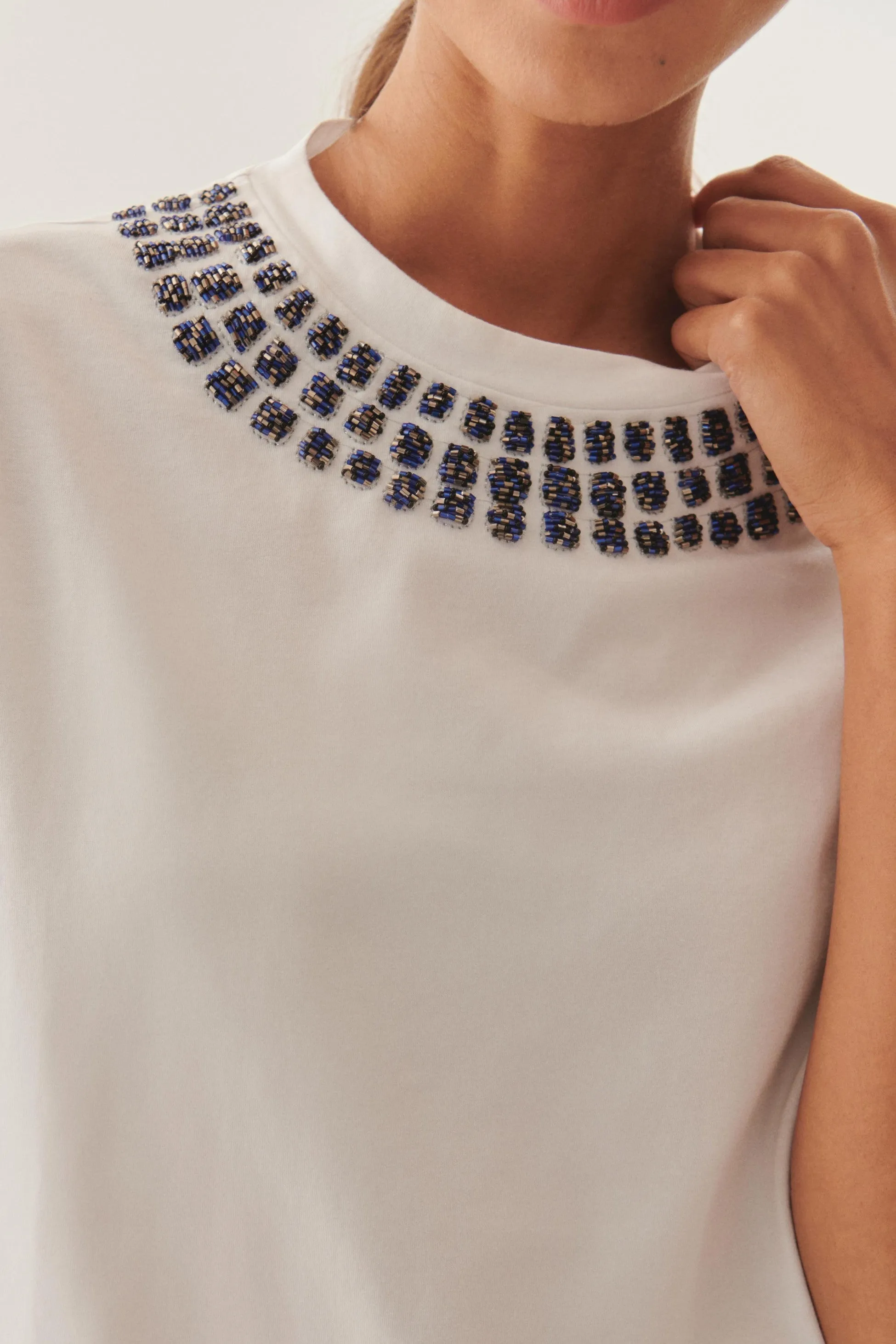 White Crystal-Embellished Cotton Tee T-Shirt