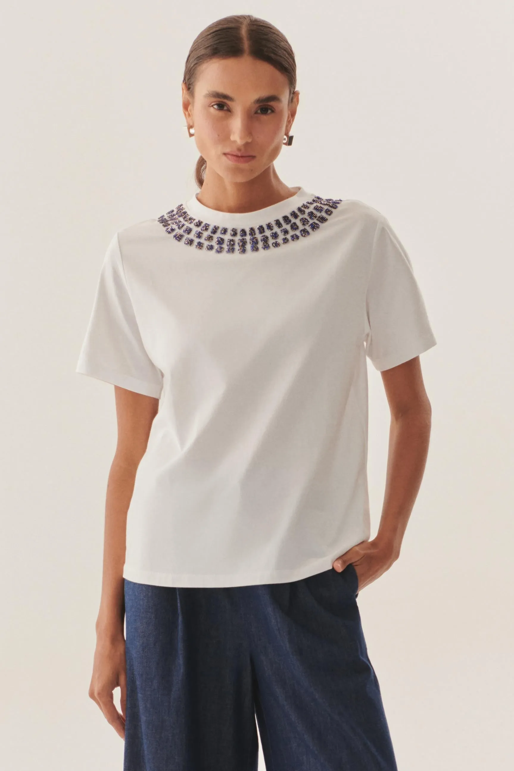 White Crystal-Embellished Cotton Tee T-Shirt