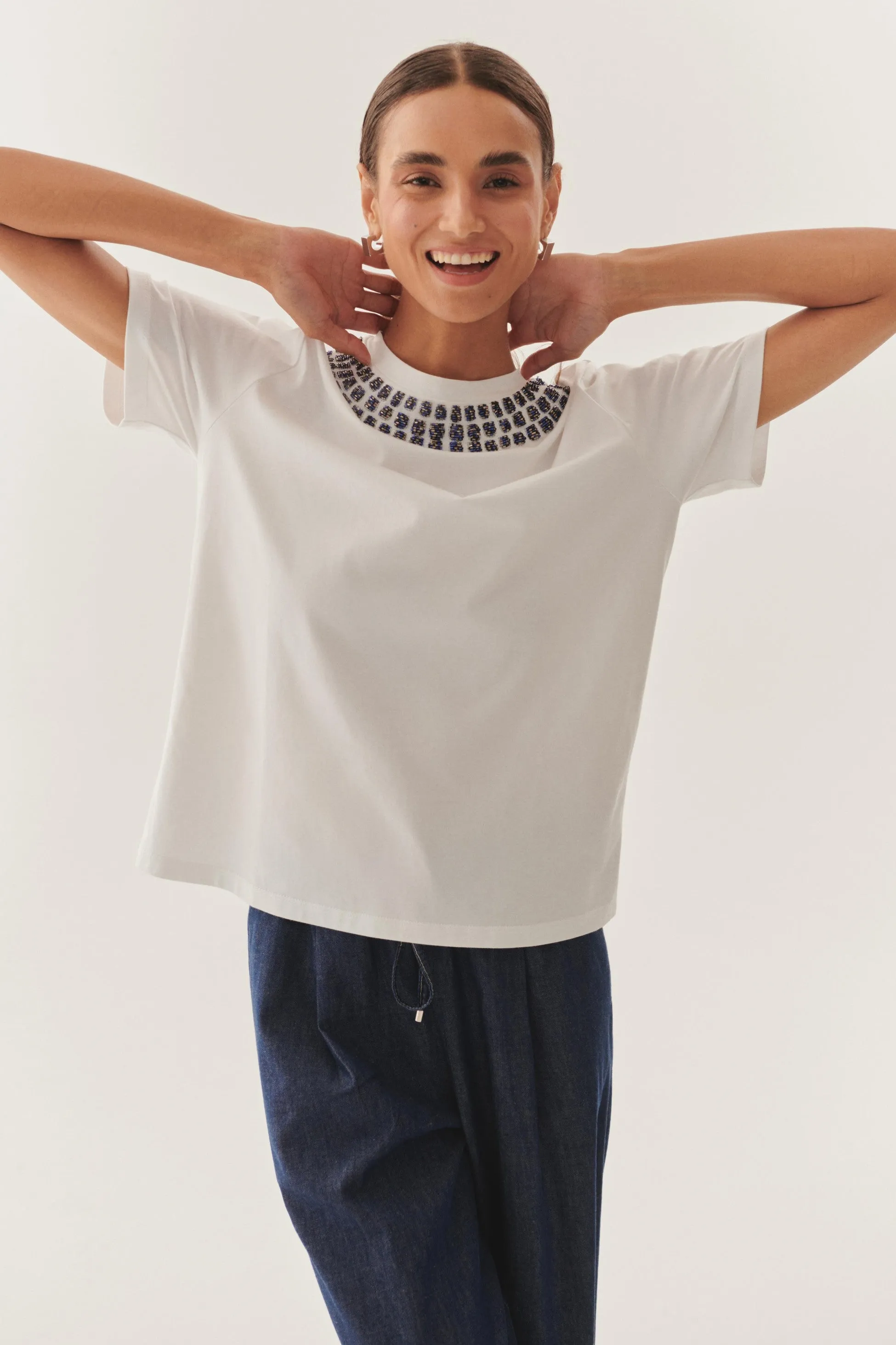 White Crystal-Embellished Cotton Tee T-Shirt