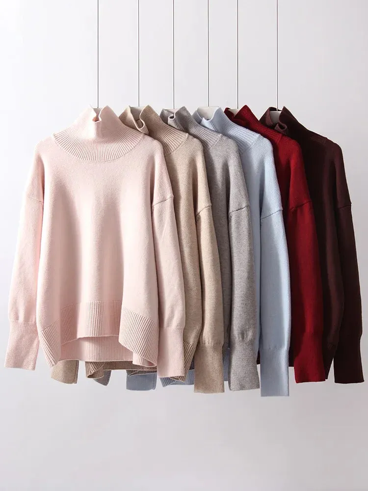Winter Women Burgundy Oversize Sweaters Turtleneck Jumpers Autumn Knit Pullovers Warm Casual Coffee Sweaters For Women Oversized