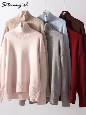 Winter Women Burgundy Oversize Sweaters Turtleneck Jumpers Autumn Knit Pullovers Warm Casual Coffee Sweaters For Women Oversized