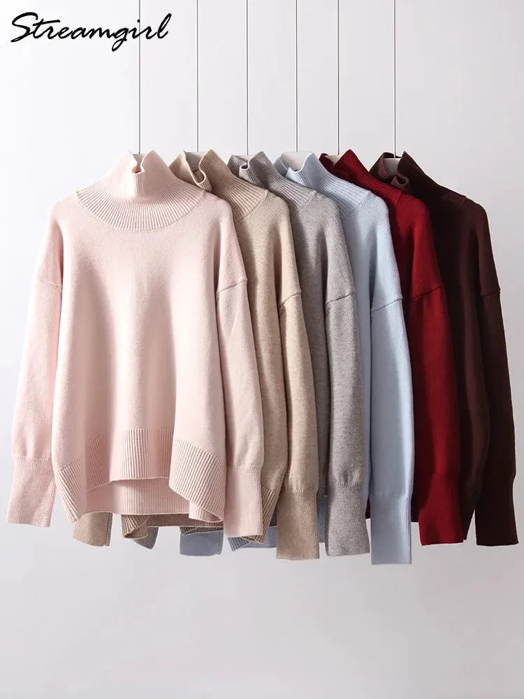 Winter Women Burgundy Oversize Sweaters Turtleneck Jumpers Autumn Knit Pullovers Warm Casual Coffee Sweaters For Women Oversized