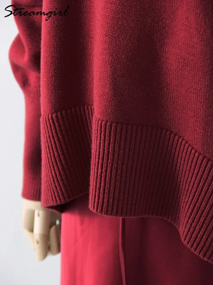 Winter Women Burgundy Oversize Sweaters Turtleneck Jumpers Autumn Knit Pullovers Warm Casual Coffee Sweaters For Women Oversized