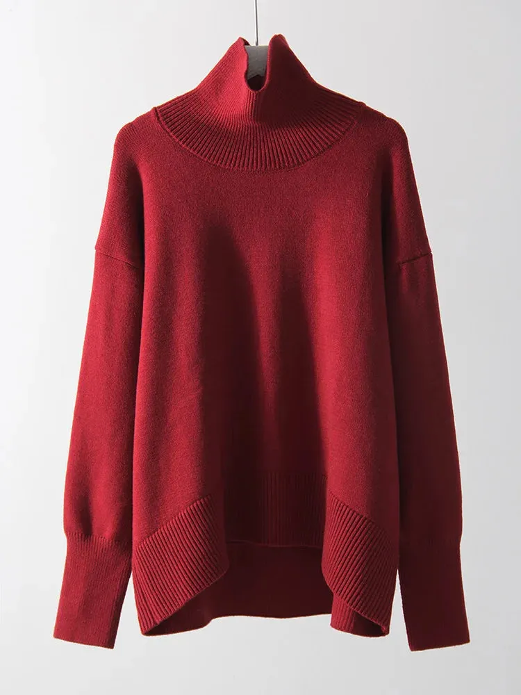 Winter Women Burgundy Oversize Sweaters Turtleneck Jumpers Autumn Knit Pullovers Warm Casual Coffee Sweaters For Women Oversized