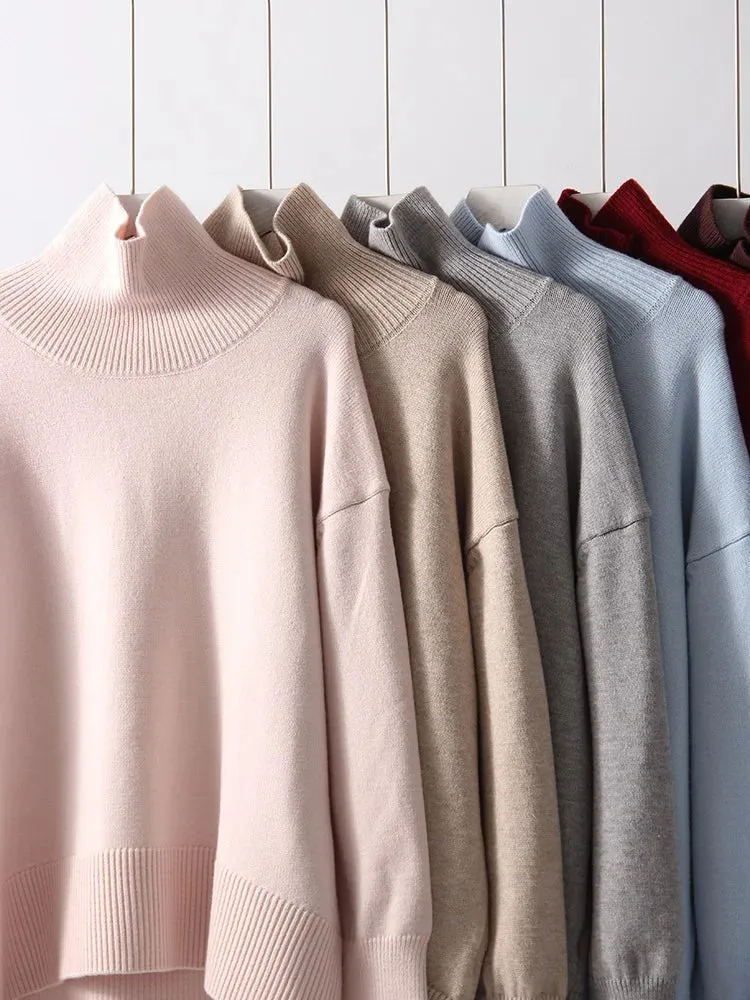 Winter Women Burgundy Oversize Sweaters Turtleneck Jumpers Autumn Knit Pullovers Warm Casual Coffee Sweaters For Women Oversized