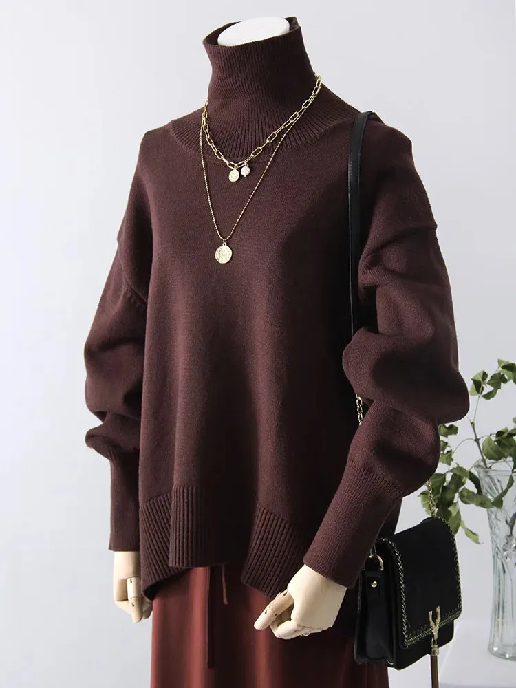 Winter Women Burgundy Oversize Sweaters Turtleneck Jumpers Autumn Knit Pullovers Warm Casual Coffee Sweaters For Women Oversized