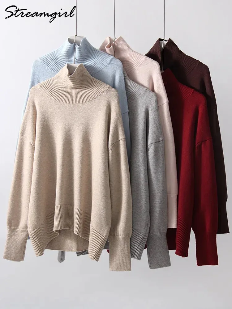 Winter Women Burgundy Oversize Sweaters Turtleneck Jumpers Autumn Knit Pullovers Warm Casual Coffee Sweaters For Women Oversized