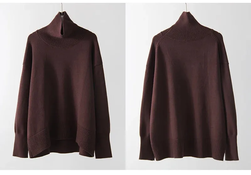 Winter Women Burgundy Oversize Sweaters Turtleneck Jumpers Autumn Knit Pullovers Warm Casual Coffee Sweaters For Women Oversized