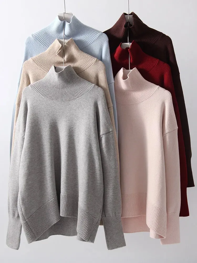 Winter Women Burgundy Oversize Sweaters Turtleneck Jumpers Autumn Knit Pullovers Warm Casual Coffee Sweaters For Women Oversized