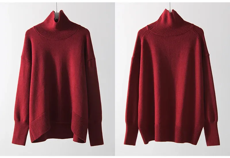 Winter Women Burgundy Oversize Sweaters Turtleneck Jumpers Autumn Knit Pullovers Warm Casual Coffee Sweaters For Women Oversized