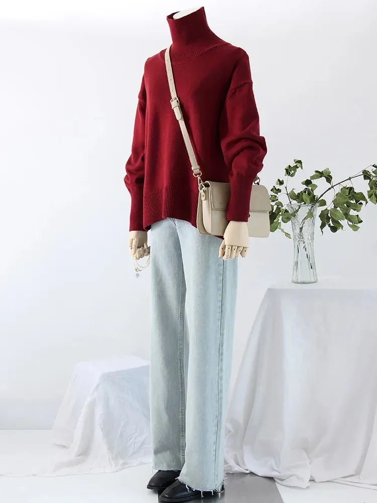 Winter Women Burgundy Oversize Sweaters Turtleneck Jumpers Autumn Knit Pullovers Warm Casual Coffee Sweaters For Women Oversized