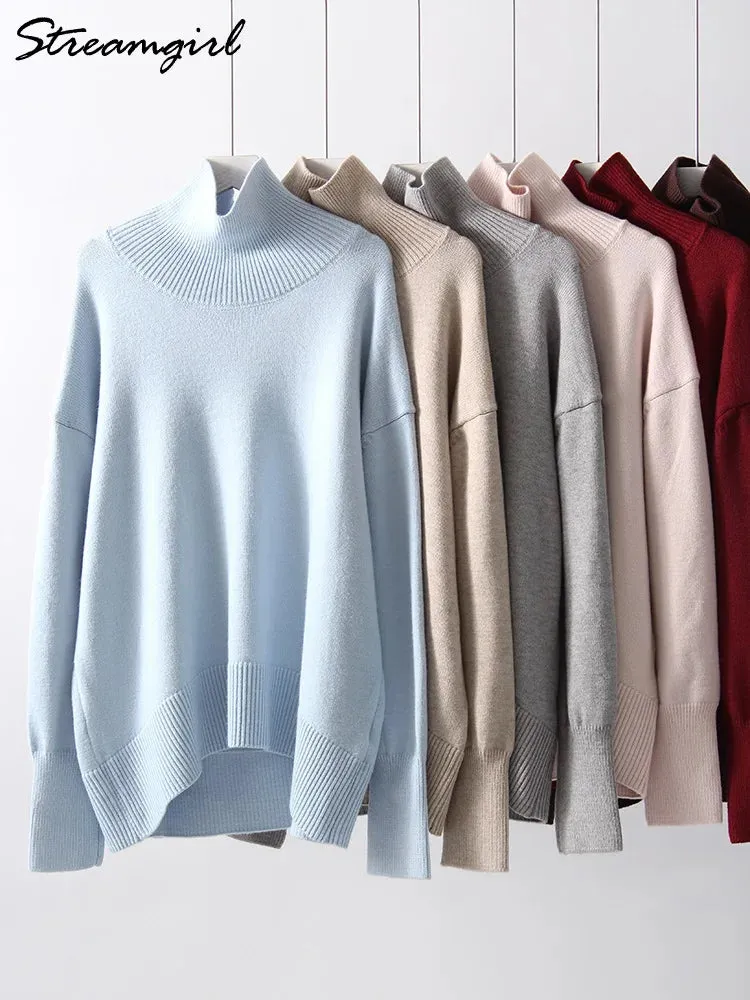 Winter Women Burgundy Oversize Sweaters Turtleneck Jumpers Autumn Knit Pullovers Warm Casual Coffee Sweaters For Women Oversized