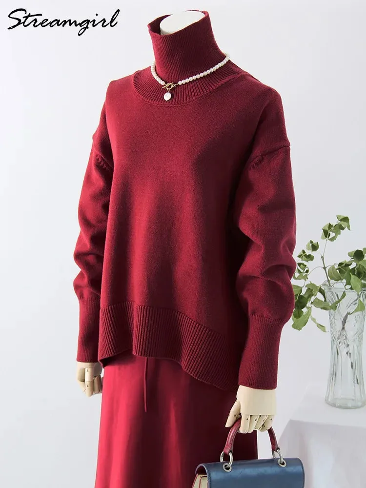 Winter Women Burgundy Oversize Sweaters Turtleneck Jumpers Autumn Knit Pullovers Warm Casual Coffee Sweaters For Women Oversized