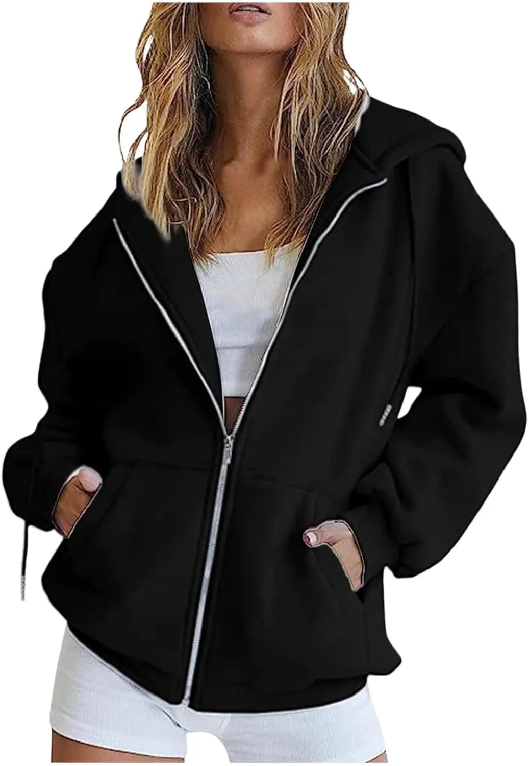 Women Oversized Hoodies Sweatshirts Solid Zipper Long Sleeve Jacket Tops Pullover Drawstring Trendy Outfit with Pocket
